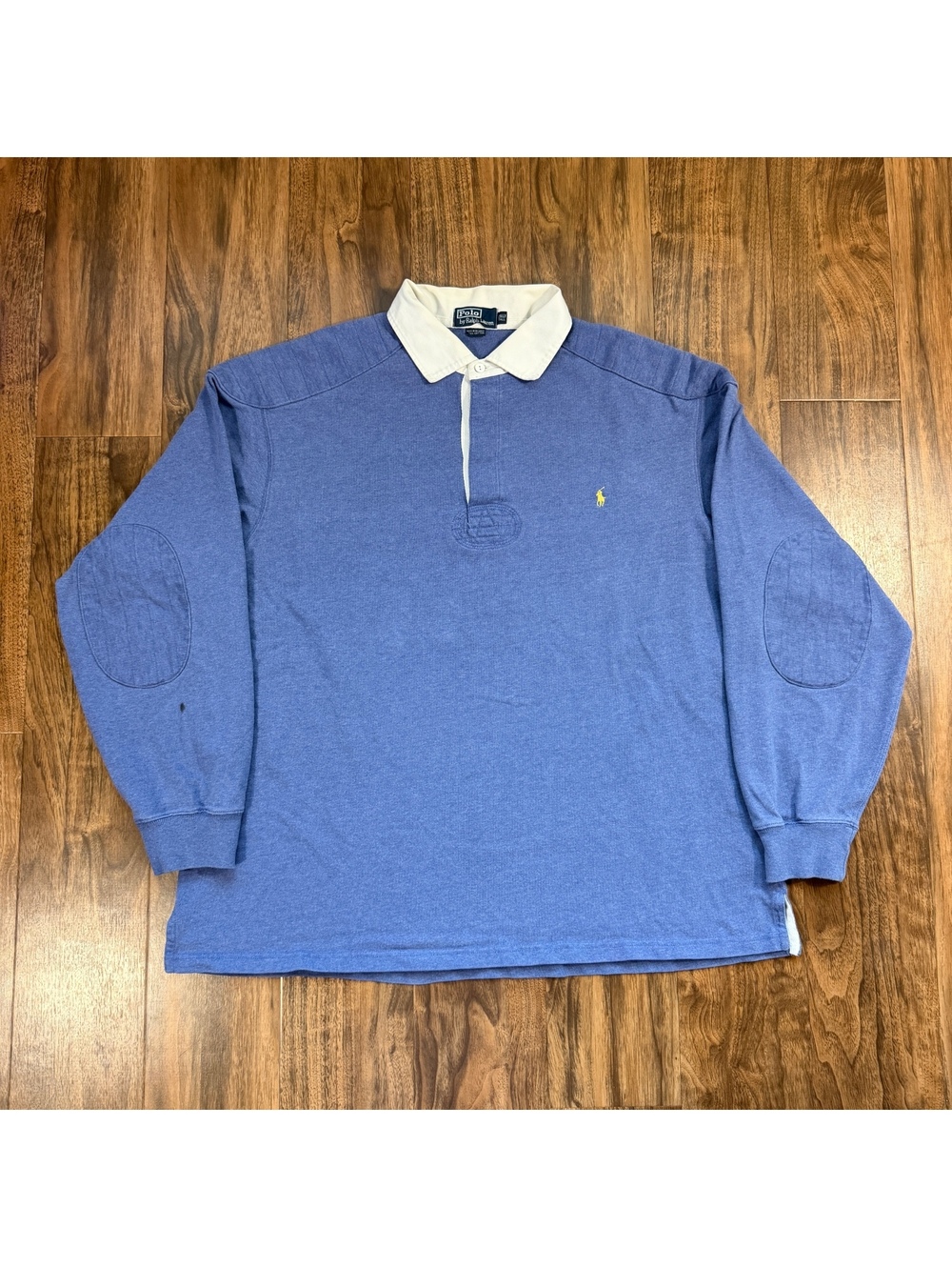 Vintage 90s Polo Ralph Lauren Polo Rugby Shirt Elbow Patch 2XLT Blue Long Sleeve